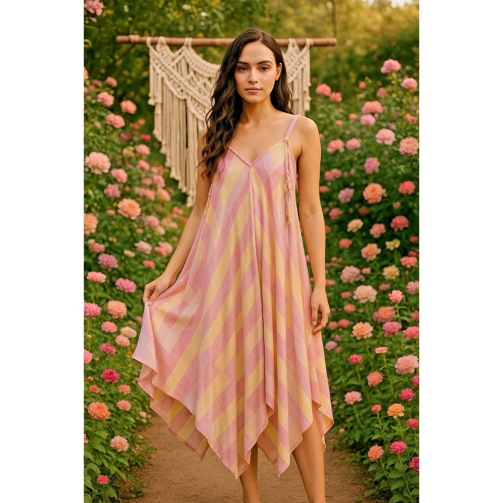 NWT America & Beyond Boho Stripe Handkerchief Hem Maxi Dress Pink Yellow Sz M